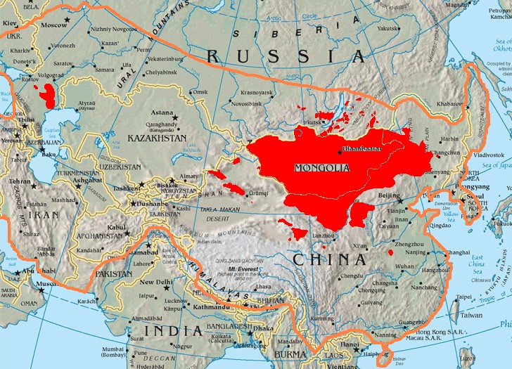13th-century Mongol Empire compared to today's Mongols. Image Source Wiki https://commons.wikimedia.org/wiki/File:Mongols-map.png#/media/File:Mongols-map.png