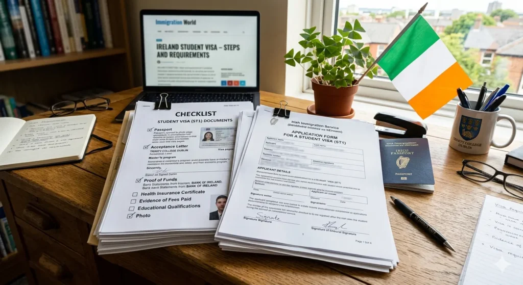 Ireland student visa application documents on a desk with Irish flag