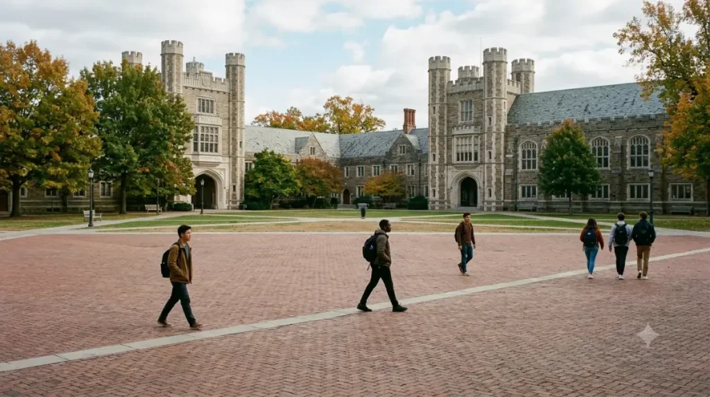 International students in the US walking on a university campus in 2026