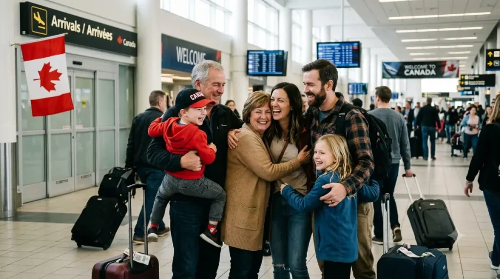 Bringing family to Canada — a reunited family arriving at a Canadian airport