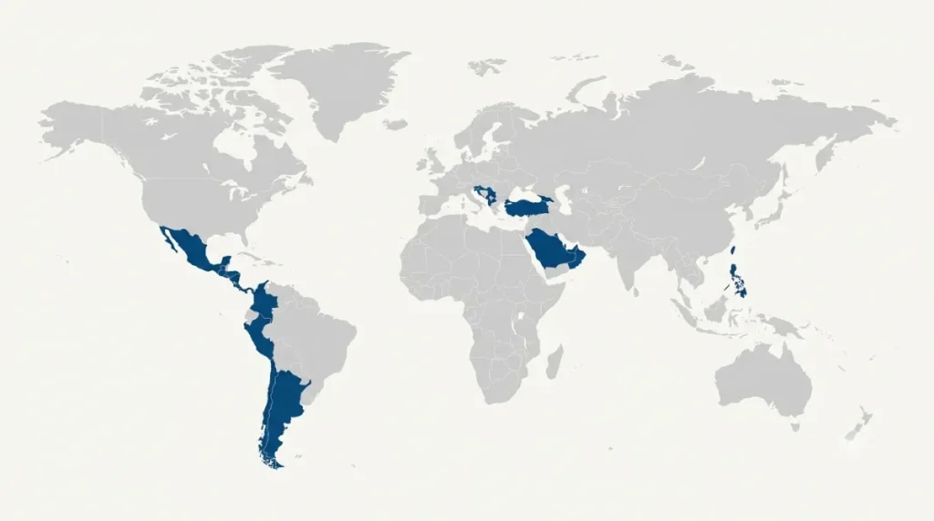 World map highlighting the countries you can visit with a US visa in 2026