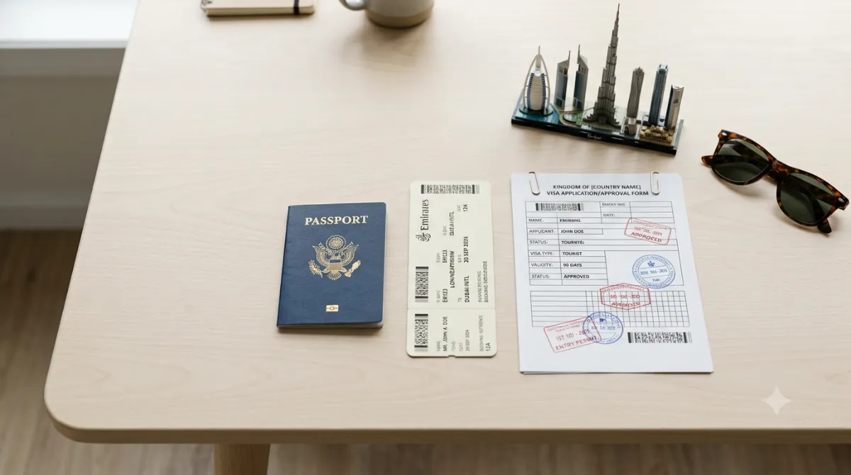 Dubai tourist visa application documents beside a passport and Dubai skyline