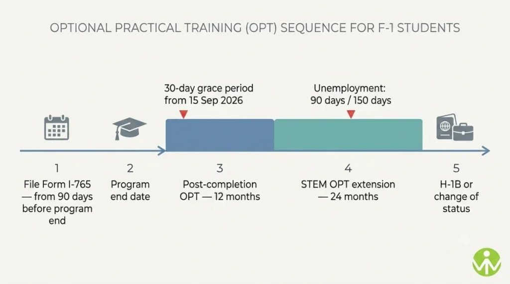 Optional Practical Training timeline showing OPT and STEM OPT periods for F-1 students in 2026