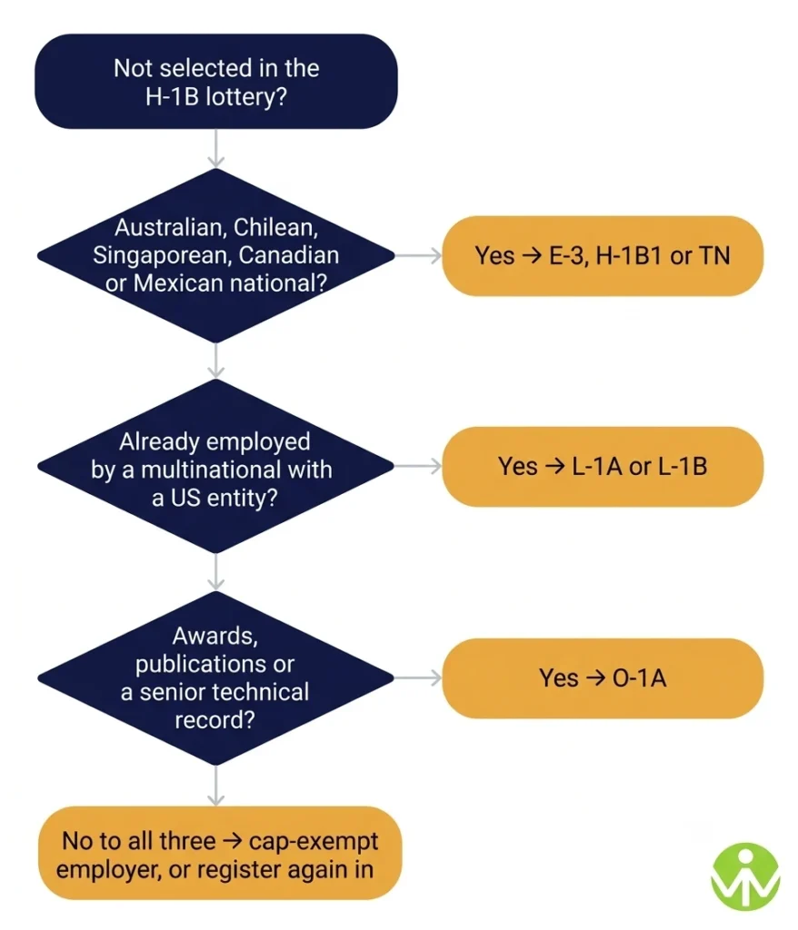 Decision chart for choosing between H-1B visa alternatives by nationality and employer