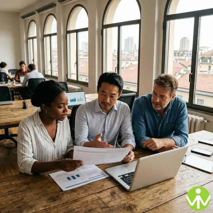 Founders working on an Italy startup visa business plan in a Milan co-working space