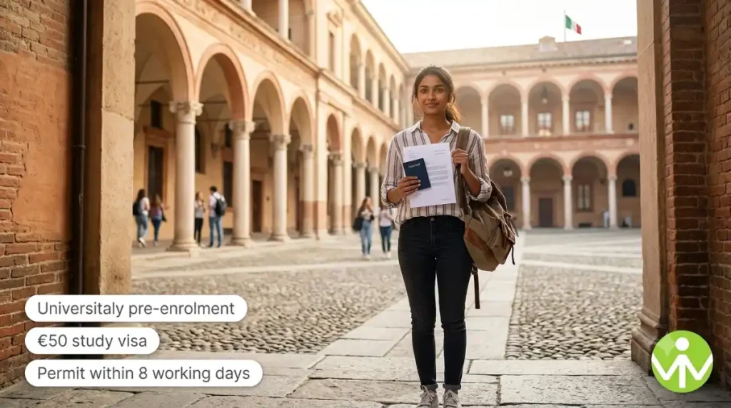 Italy student visa 2026: international student with passport and university acceptance letter in an Italian university courtyard