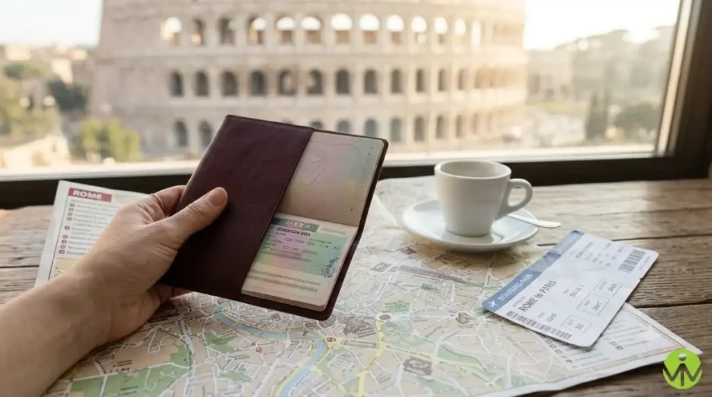 Italy tourist visa 2026: passport with a Schengen visa beside a map of Rome