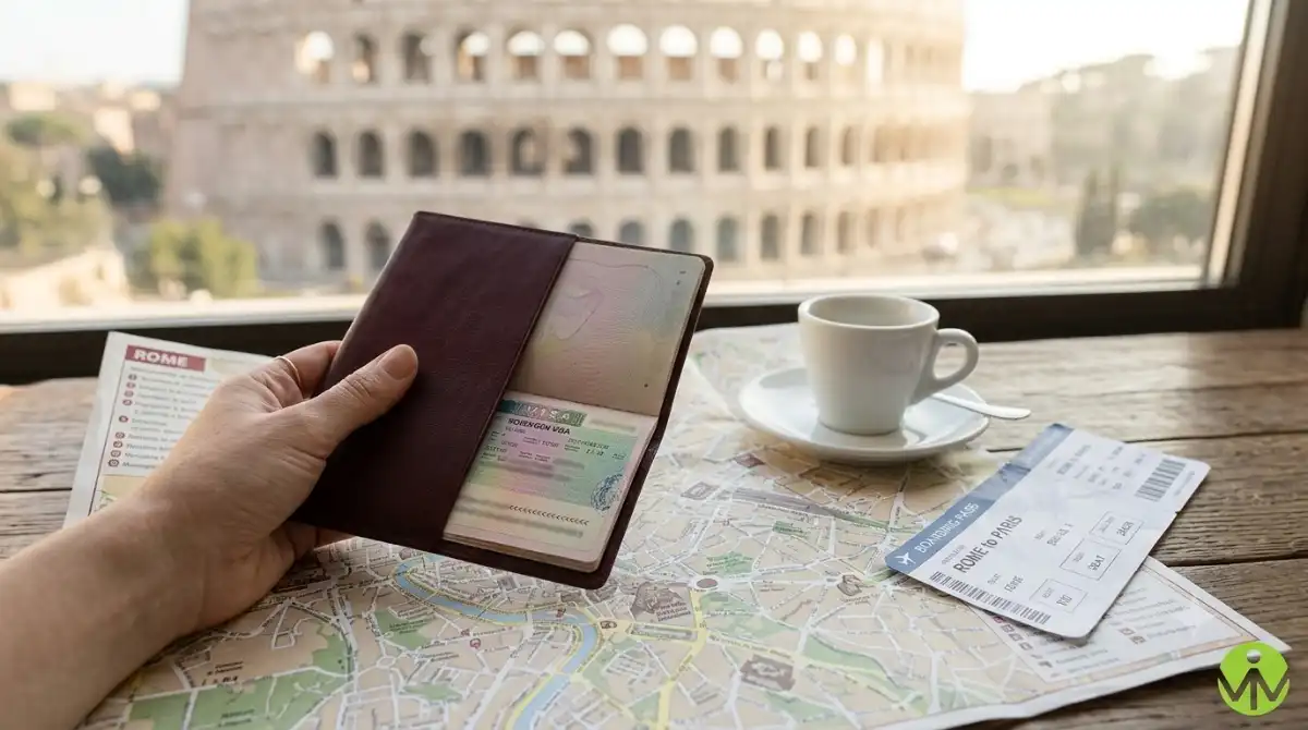 Italy tourist visa 2026: passport with a Schengen visa beside a map of Rome