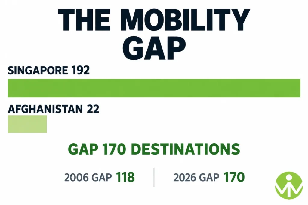 Passport rankings 2026 graphic showing the 170-destination mobility gap between Singapore and Afghanistan