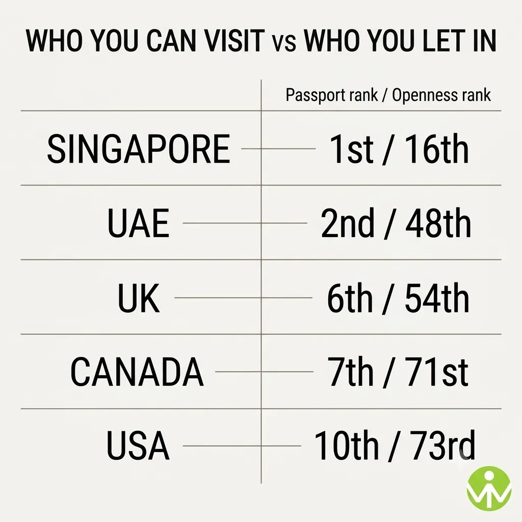 Passport rankings 2026 comparison of travel freedom against openness for the US, UK, UAE and Singapore