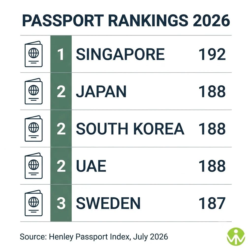 Passport rankings 2026 chart showing Singapore first and the UAE joint second on the Henley Passport Index