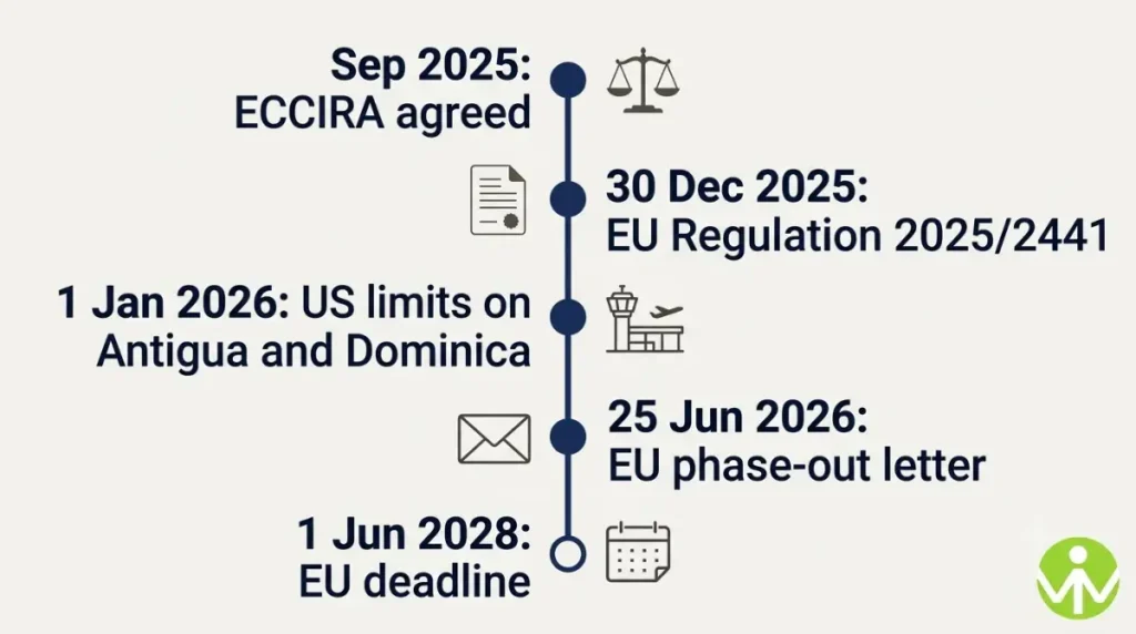 St Kitts citizenship regulatory timeline from ECCIRA to the EU 1 June 2028 deadline