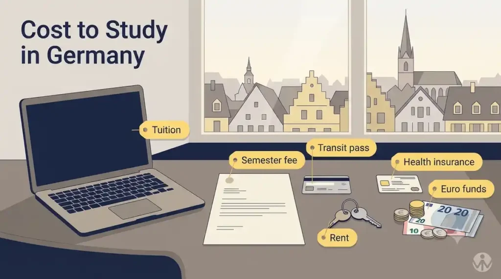 Cost to study in Germany shown as tuition, semester fee, rent and health insurance on a student's desk