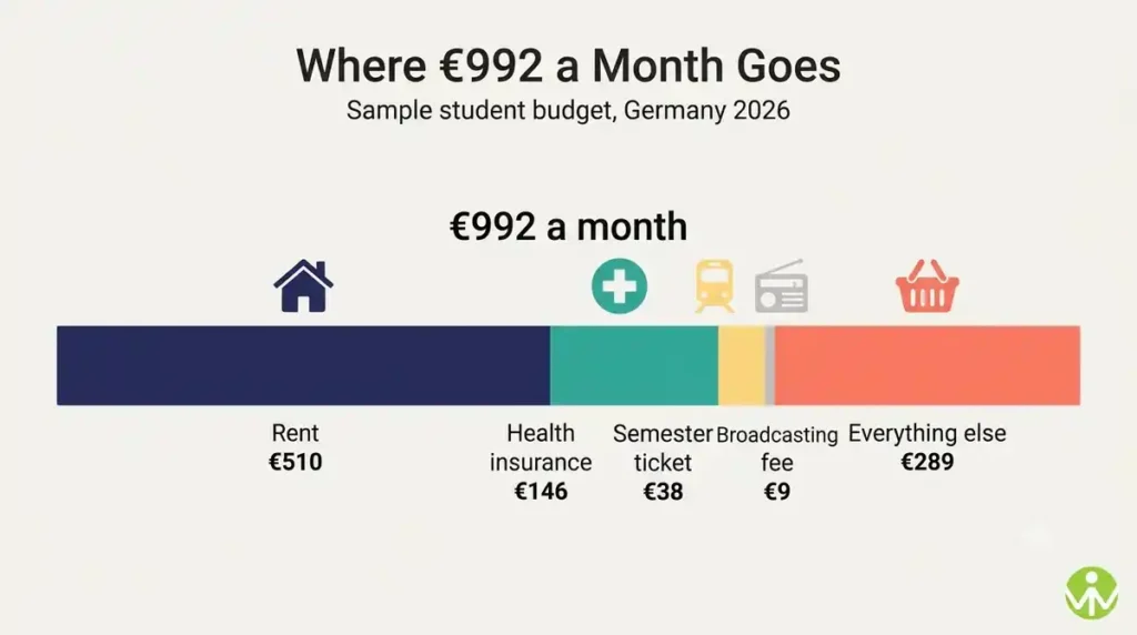 Cost to study in Germany monthly budget split of the €992 benchmark into rent, insurance and living costs