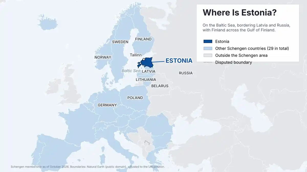 Types of Estonia visa map: Estonia on the Baltic Sea, bordering Latvia and Russia, with the 29 Schengen countries shaded