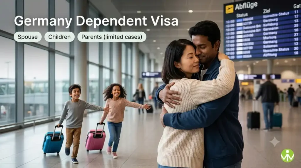Germany dependent visa: a family reuniting in a German airport arrivals hall