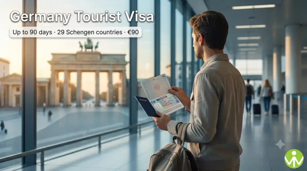 Germany tourist visa: a traveller with a passport and Schengen visa at a German airport, Brandenburg Gate in the background