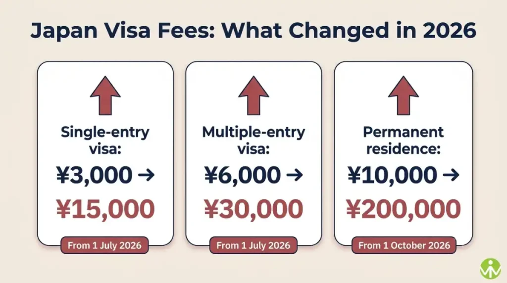 Types of Japan visa fees 2026: visa fee rises from 3,000 to 15,000 yen and permanent residence fee to 200,000 yen